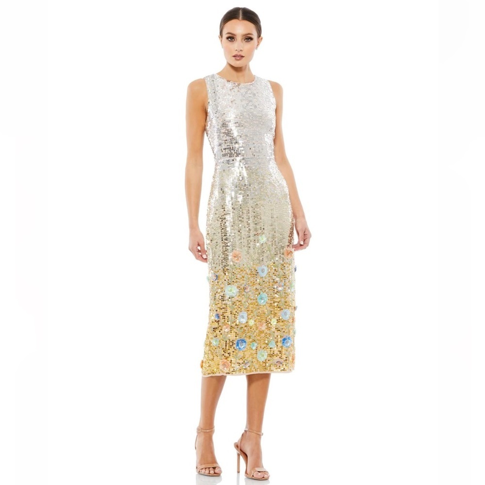 MAC DUGGAL sleeveless sequin floral embellished midi dress 12 NWOT